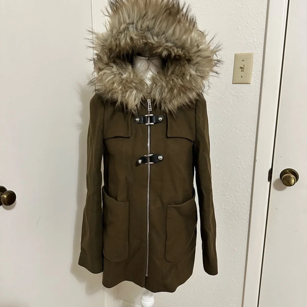 ZARA khaki army green faux fur trim hood duffle coat size XS